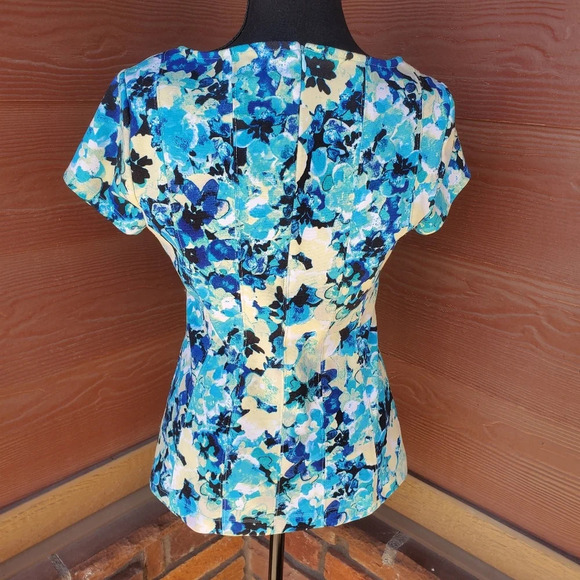 Ann Taylor Women's Size Small Floral Blouse Teal Blue Yellow Back Zip Top - Picture 4 of 9
